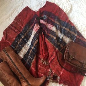 Red plaid sweater poncho with toggle closure